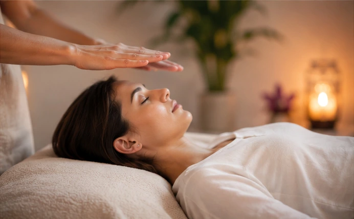 Reiki-Behandlung - Hände über einer entspannten Frau