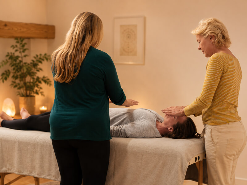 Teilnehmerinnen üben Reiki im Kurs zum 1. Reiki-Grad in Köln